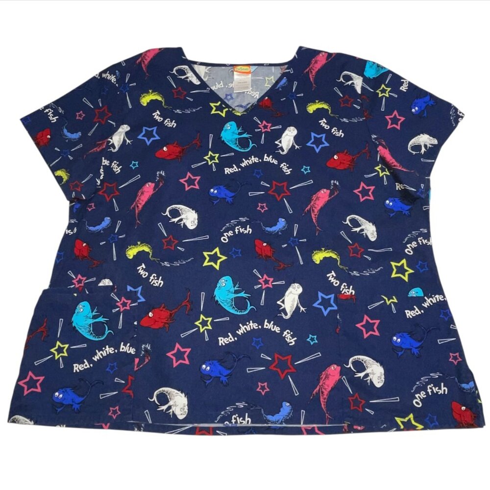 Dr. Seuss Medical Scrub Top Plus Size 2X One Fish Two Fish Red Fish Blue Fish